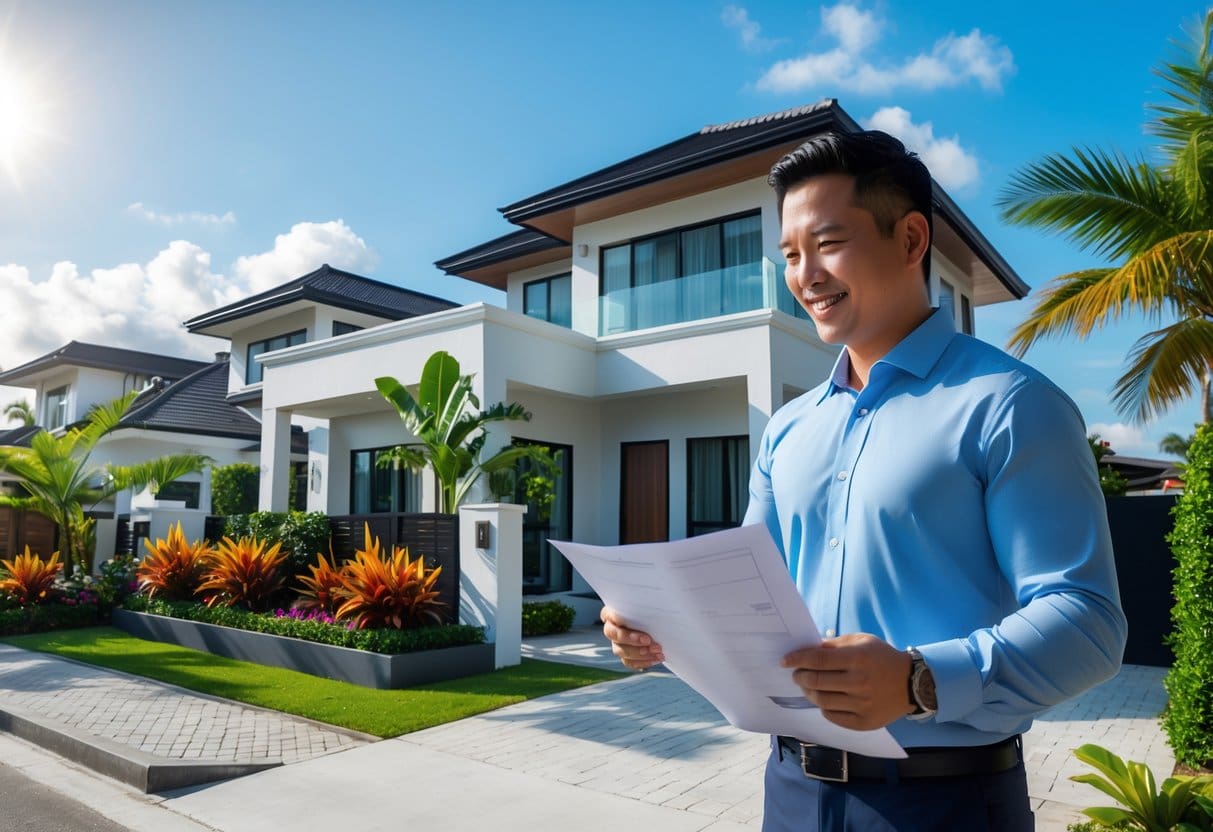 A modern house in Cebu with tropical landscaping and a person reviewing property plans outside.