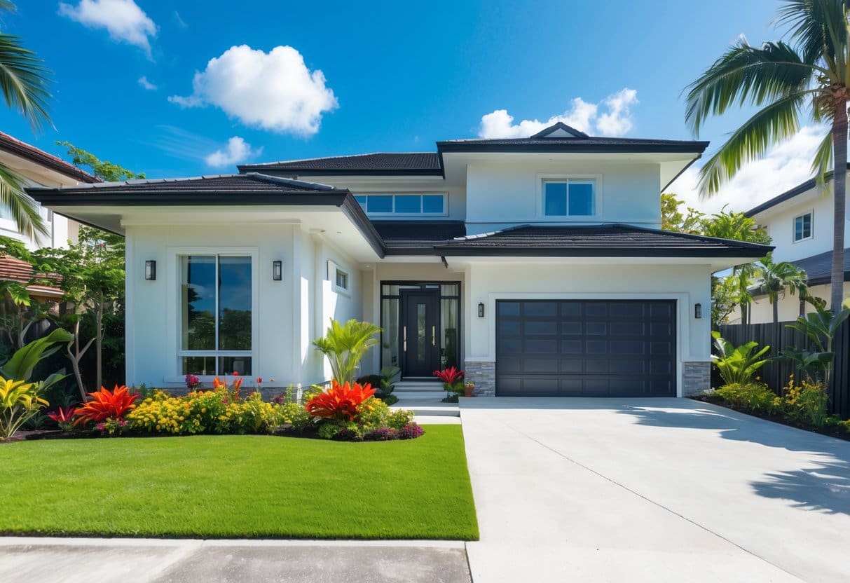 A modern house in Cebu with a well-maintained lawn, colorful flowers, and palm trees under a clear blue sky.