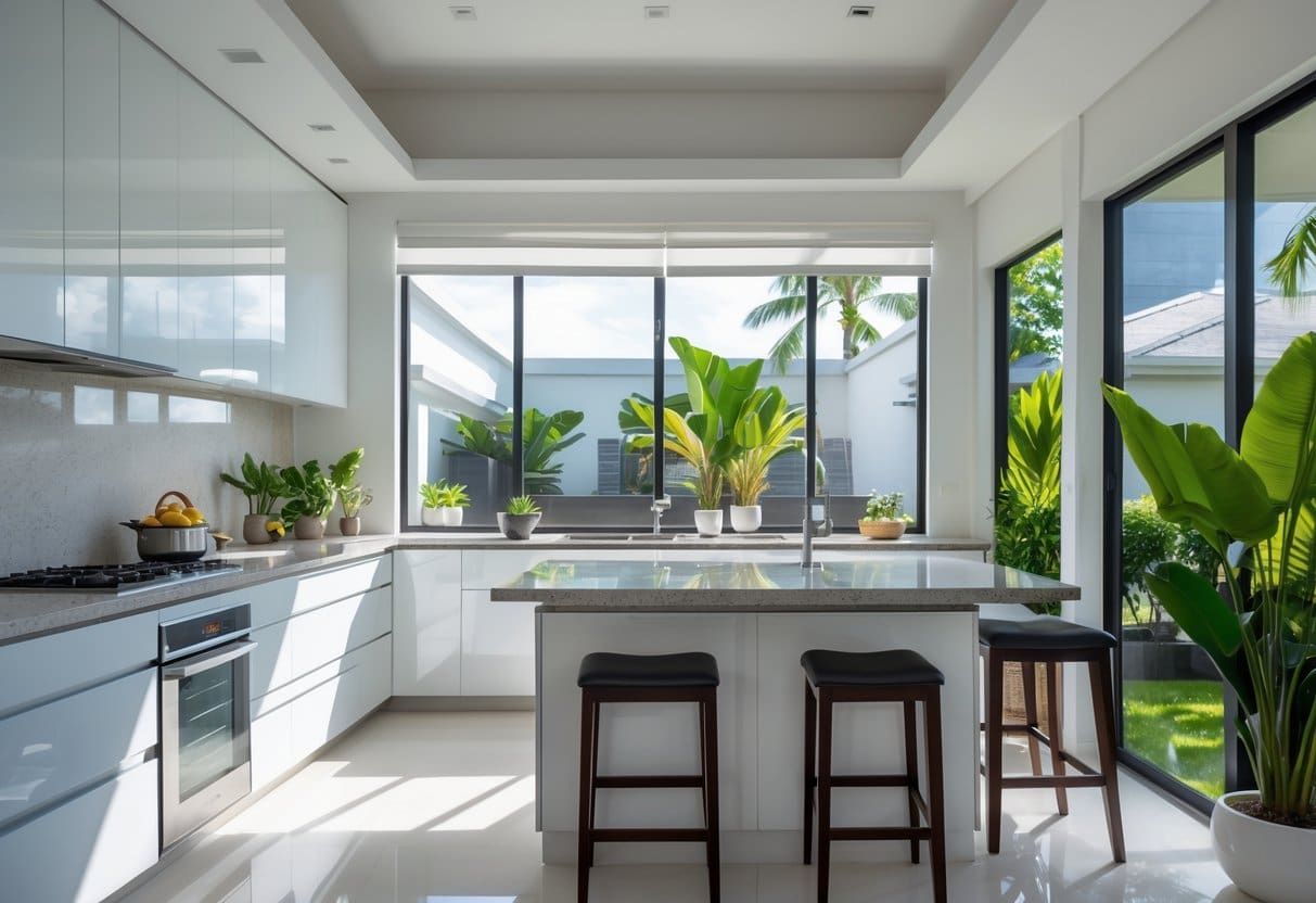 A modern kitchen with white cabinets, granite countertops, an island with stools, and stainless steel appliances illuminated by natural light.