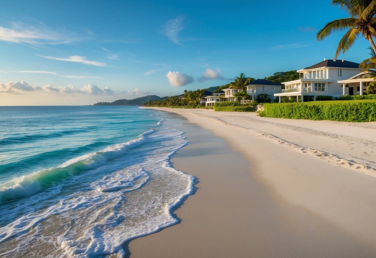 A peaceful beach with seaside homes and calm ocean waves under a clear sky.