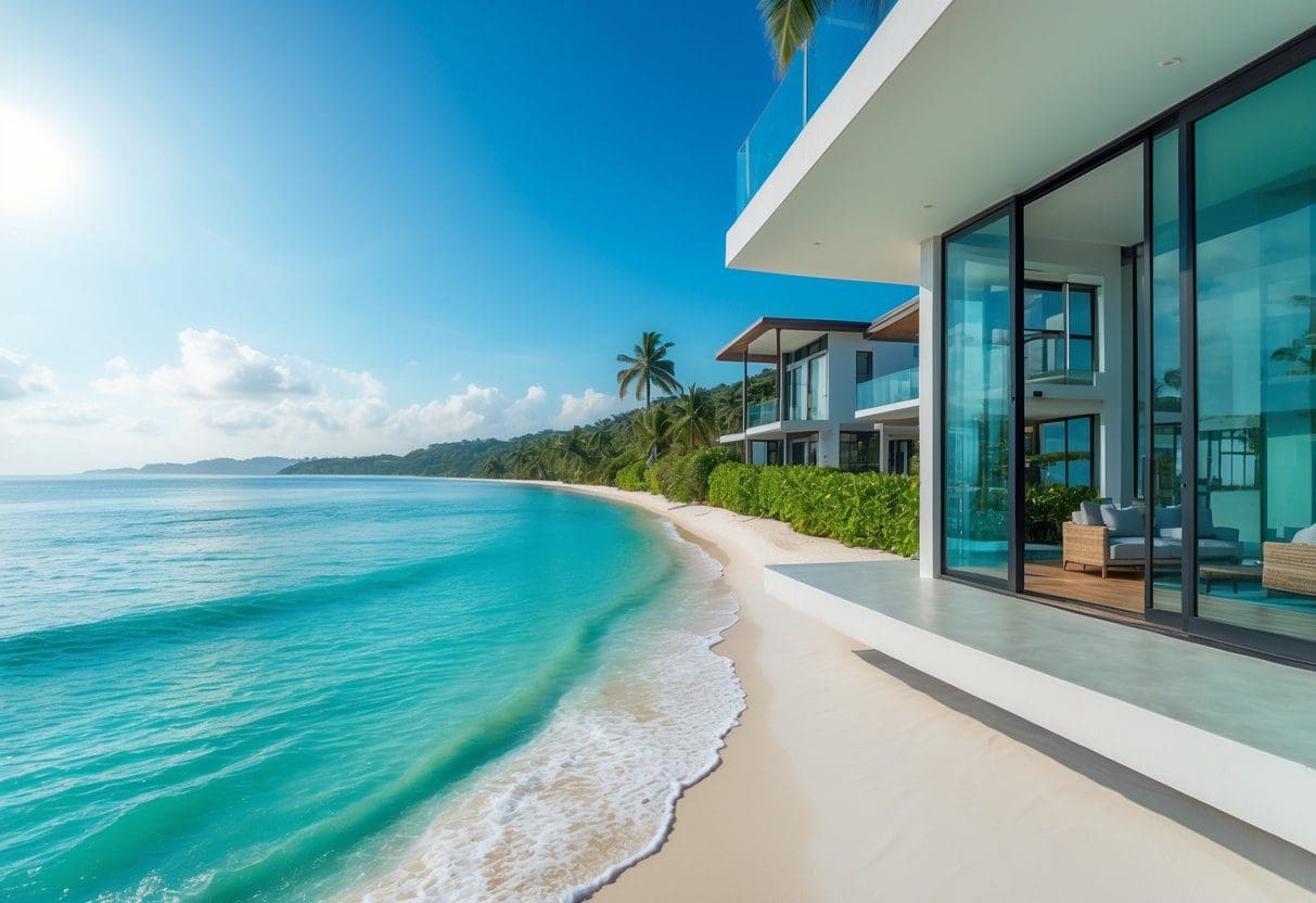 Seaside homes and beachfront properties along a white sandy beach with turquoise ocean and palm trees under a clear blue sky.