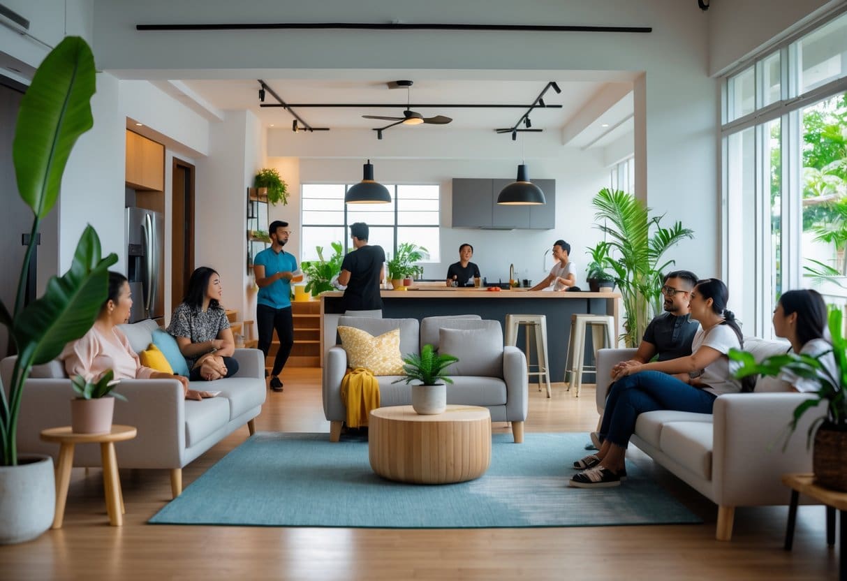 A bright and spacious shared living room with people interacting and modern furniture in a tropical city setting.