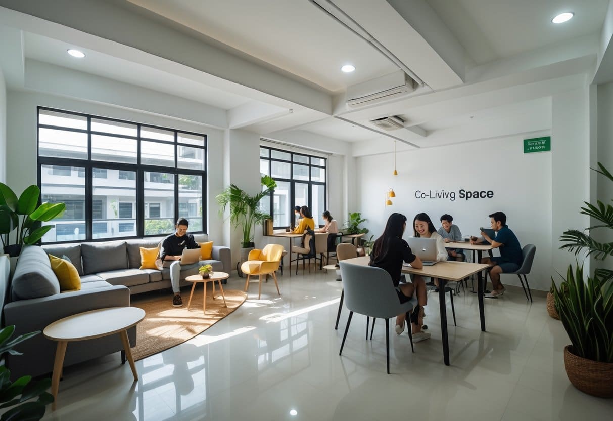 A bright and spacious co-living room with modern furniture, natural light, and people working and socializing.