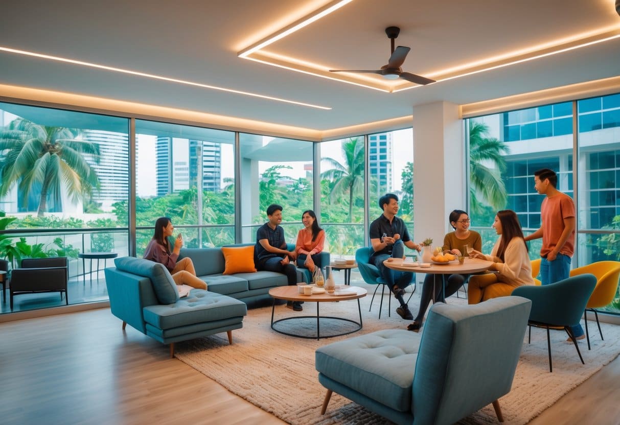 A bright and spacious living room with young adults socializing and working together in a modern co-living space.