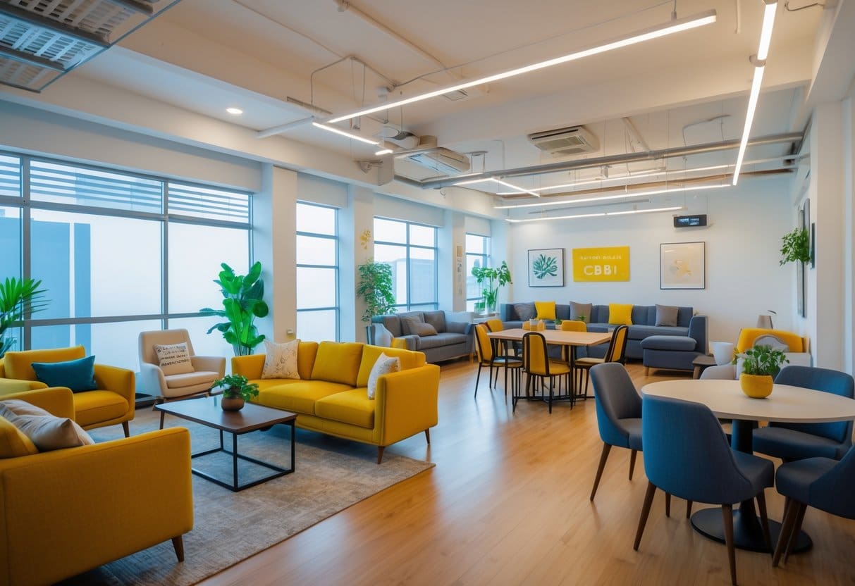 A bright, modern co-living space with sofas, a dining table, plants, and large windows letting in natural light.