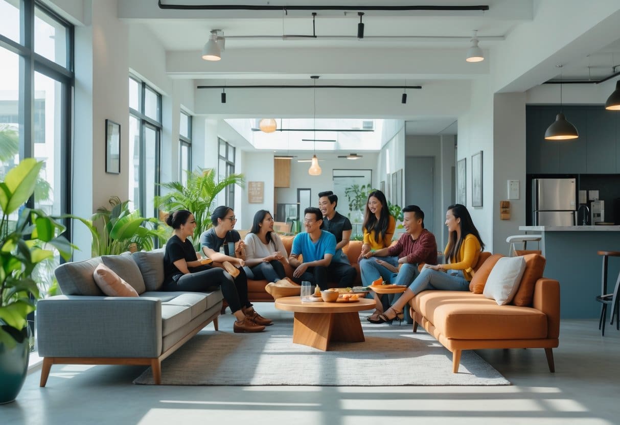 A bright living room with young adults interacting and working together in a shared co-living space.