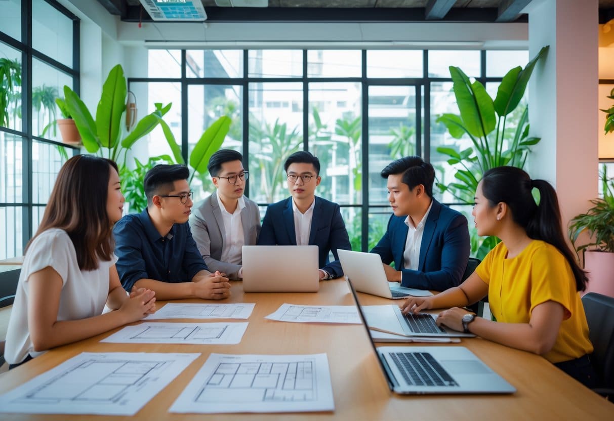 A group of young adults discussing documents and blueprints in a bright modern room with large windows and plants.