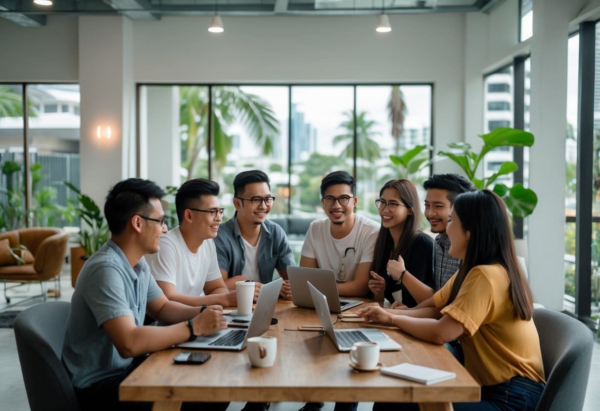 A group of young adults sitting around a table in a bright, modern living room, smiling and interacting in a friendly meeting.