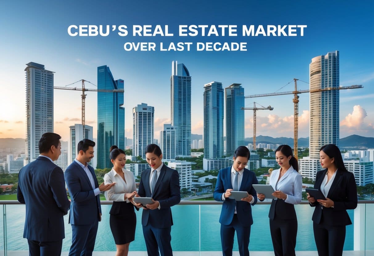 A city skyline of Cebu with modern buildings and construction cranes, with business professionals discussing real estate plans in the foreground.
