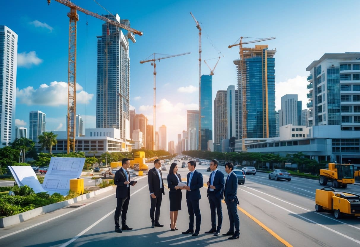 A cityscape showing modern skyscrapers, construction cranes, busy roads, and business professionals discussing real estate development.