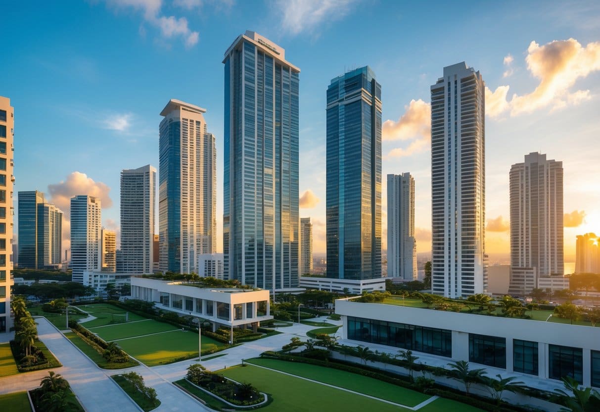 A city skyline with tall modern buildings and green spaces under a clear sky during sunset.