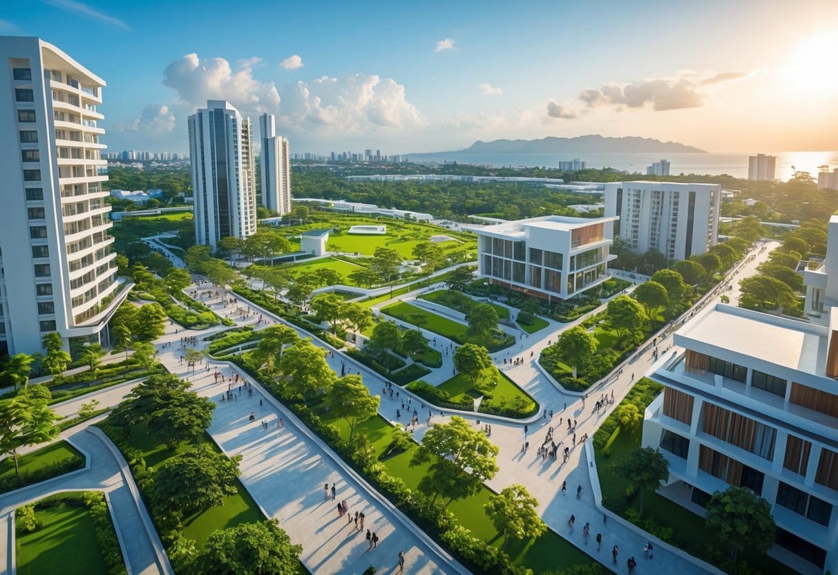 Aerial view of a modern integrated township with buildings, parks, streets, and people, set near the Cebu city skyline and coastline.