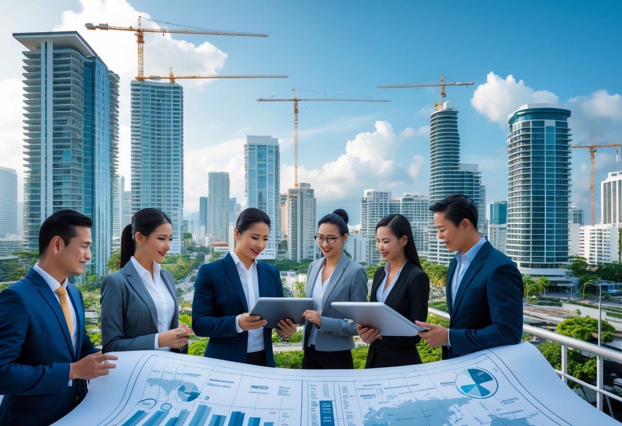 A modern city skyline of Cebu with high-rise buildings and construction cranes, and a group of business professionals discussing real estate plans.