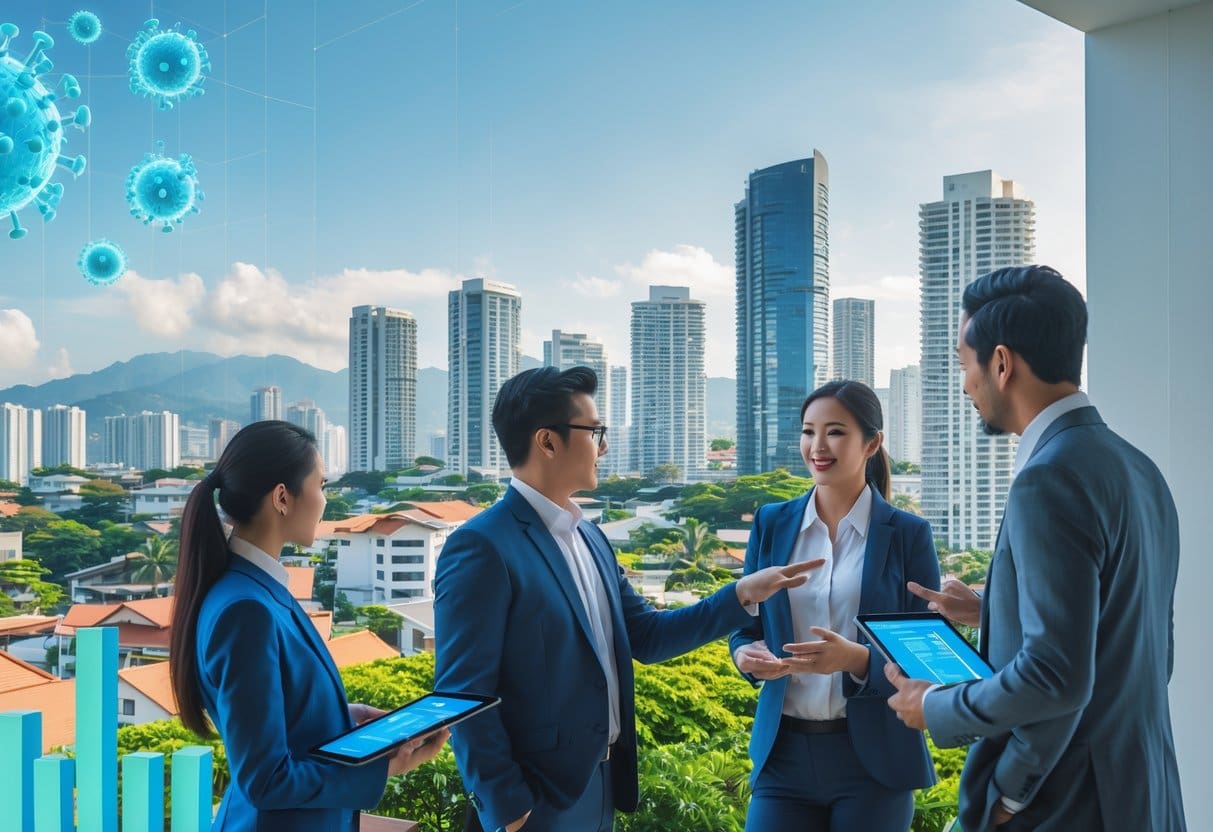 A city skyline of Cebu with modern buildings and professionals discussing real estate plans outdoors.