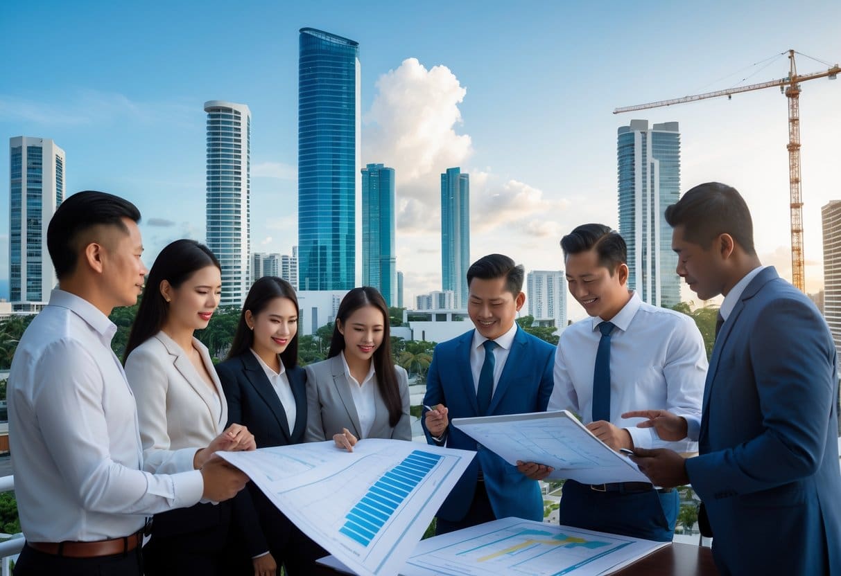 A cityscape of Cebu with modern buildings and construction cranes, business professionals reviewing blueprints and digital devices in the foreground.