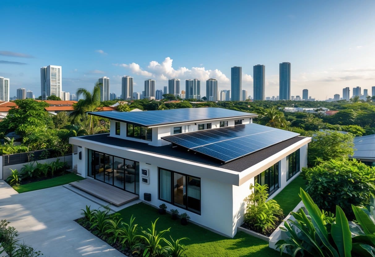 A modern smart home with solar panels and greenery in a city neighborhood with high-rise buildings and construction in the background.