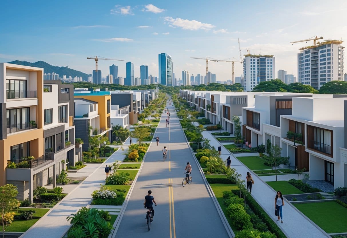 A vibrant urban neighborhood in Cebu with modern mid-rise buildings, traditional houses, people walking and cycling, and a city skyline with construction cranes in the background.