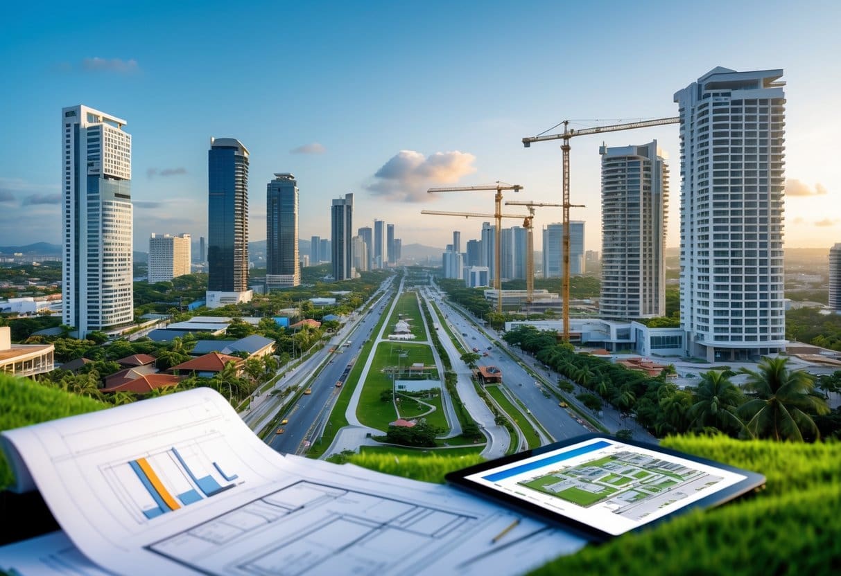 Cityscape of Cebu showing modern buildings, construction sites with cranes, and architectural plans, illustrating urban development and infrastructure growth.