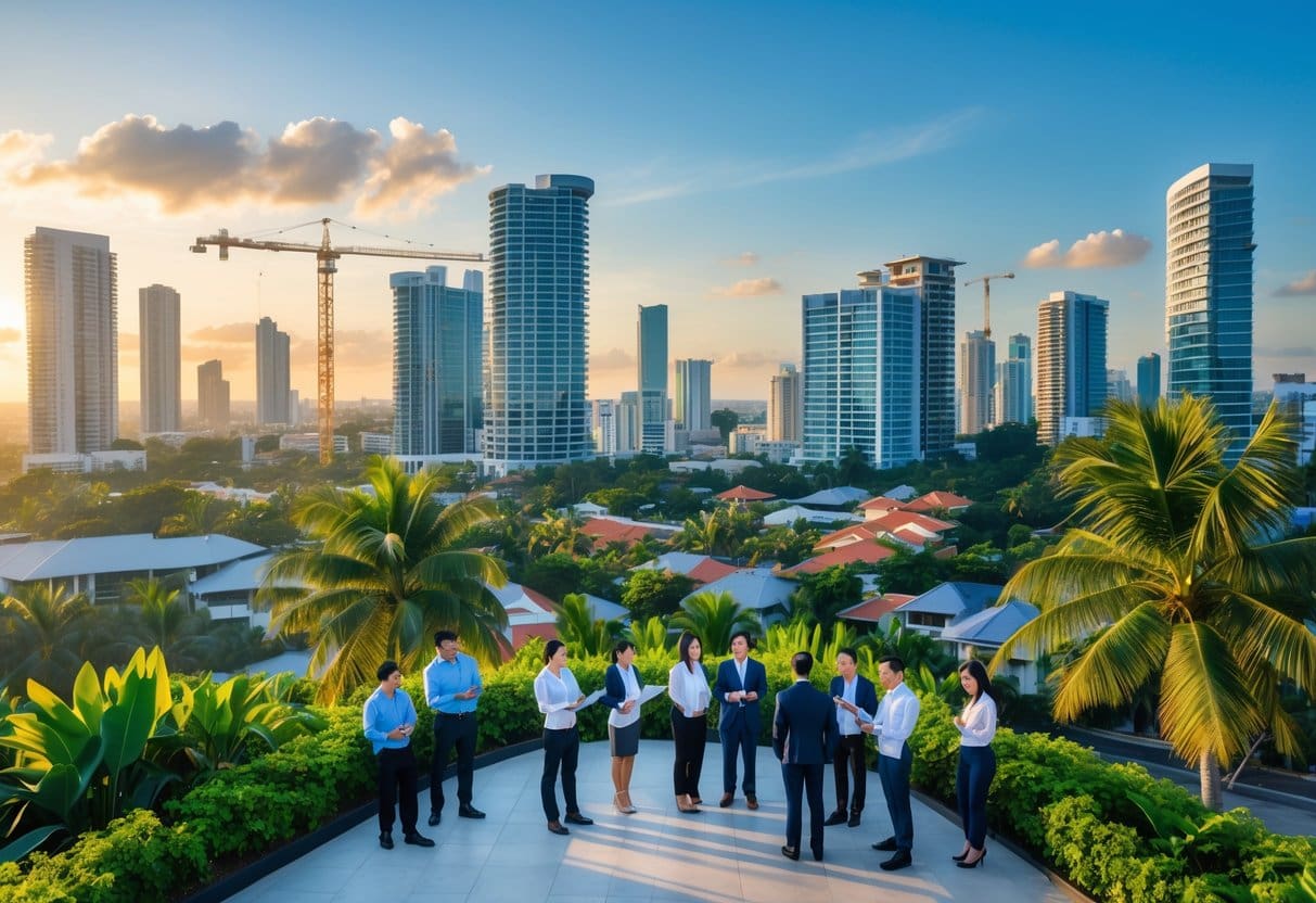 Panoramic view of Cebu city with modern buildings, construction cranes, and professionals discussing real estate plans outdoors.