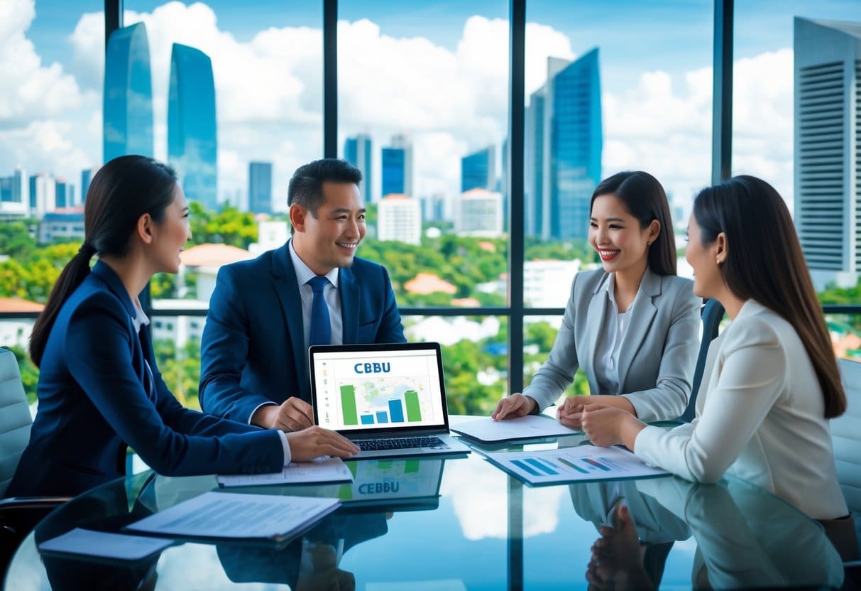 A real estate agent discusses property appraisal with a couple in a modern office overlooking a city skyline.