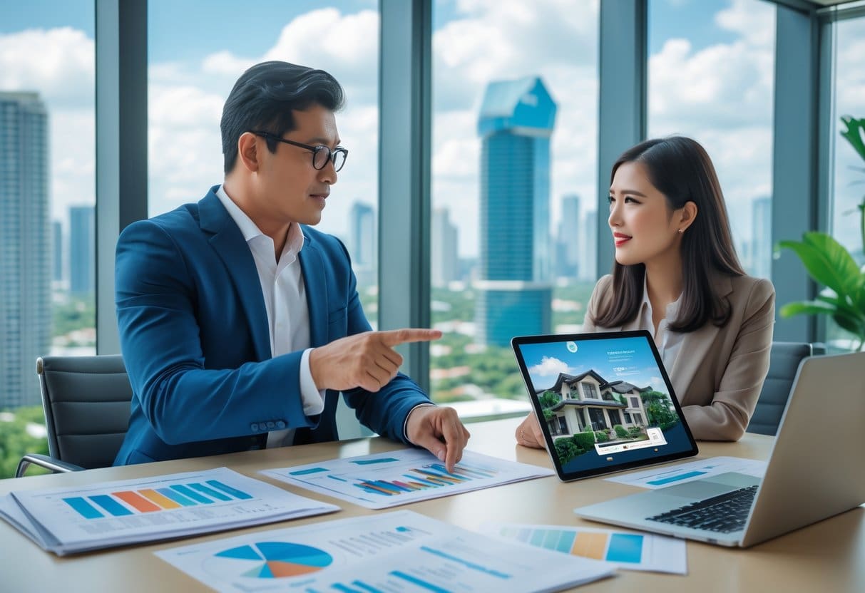 A real estate agent explaining property details to a couple in an office with a city view in the background.