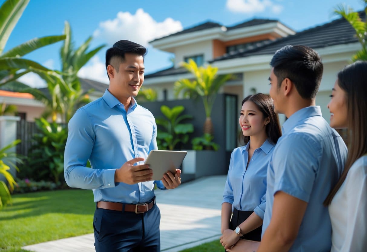 A real estate agent showing property information on a tablet to a couple outside a house with tropical plants.