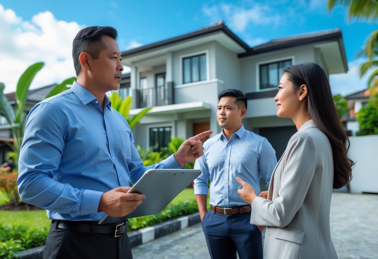 A real estate appraiser talks with a young couple outside a modern house in a sunny suburban neighborhood.