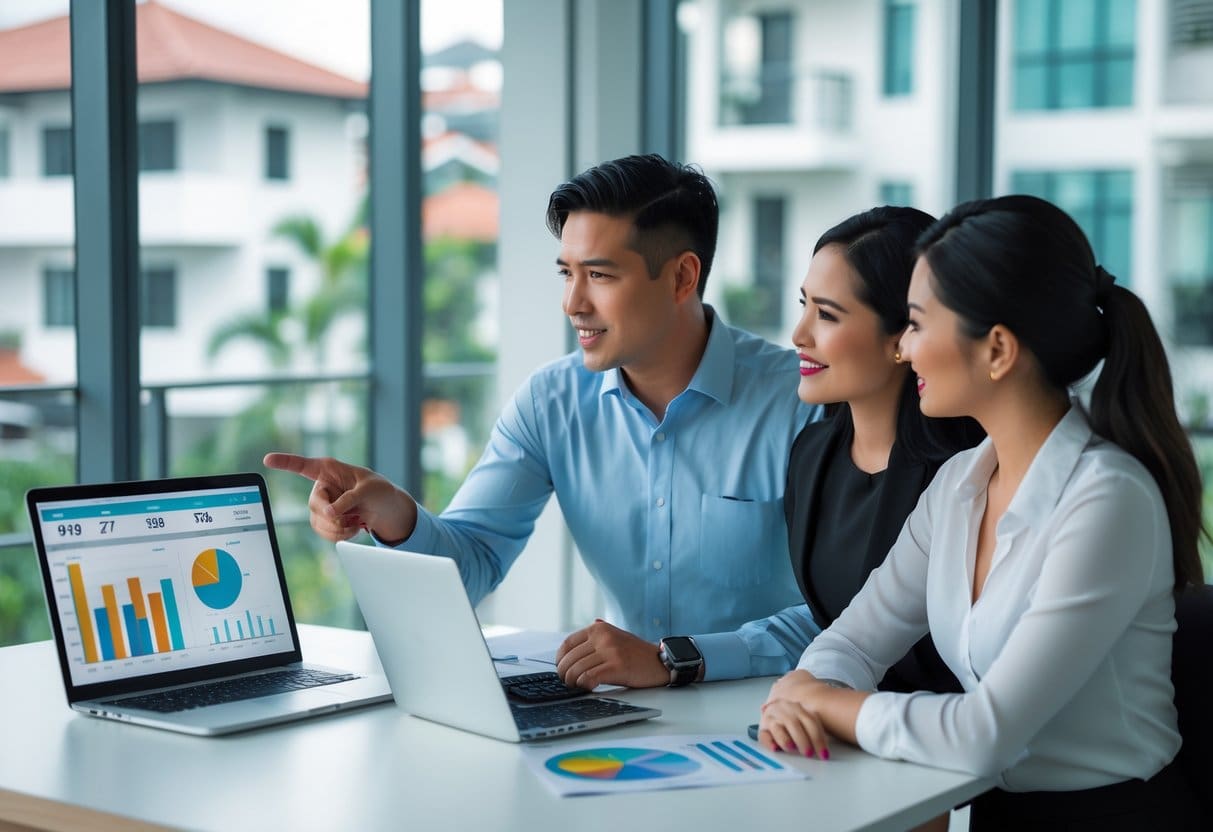 A real estate agent explaining property appraisal details to a young couple in a modern office with a laptop and documents on the table.
