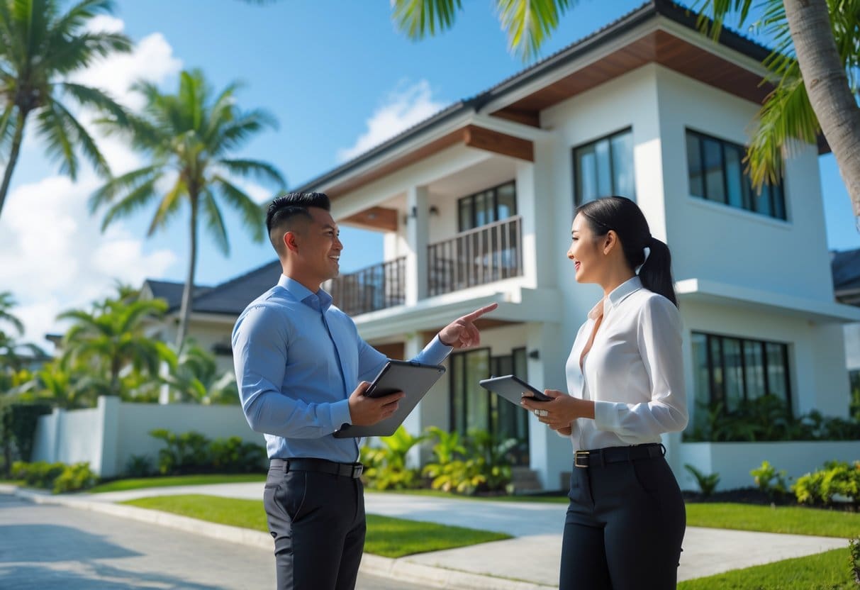 A real estate appraiser and a property seller discussing outside a residential house with tropical plants under clear blue skies.