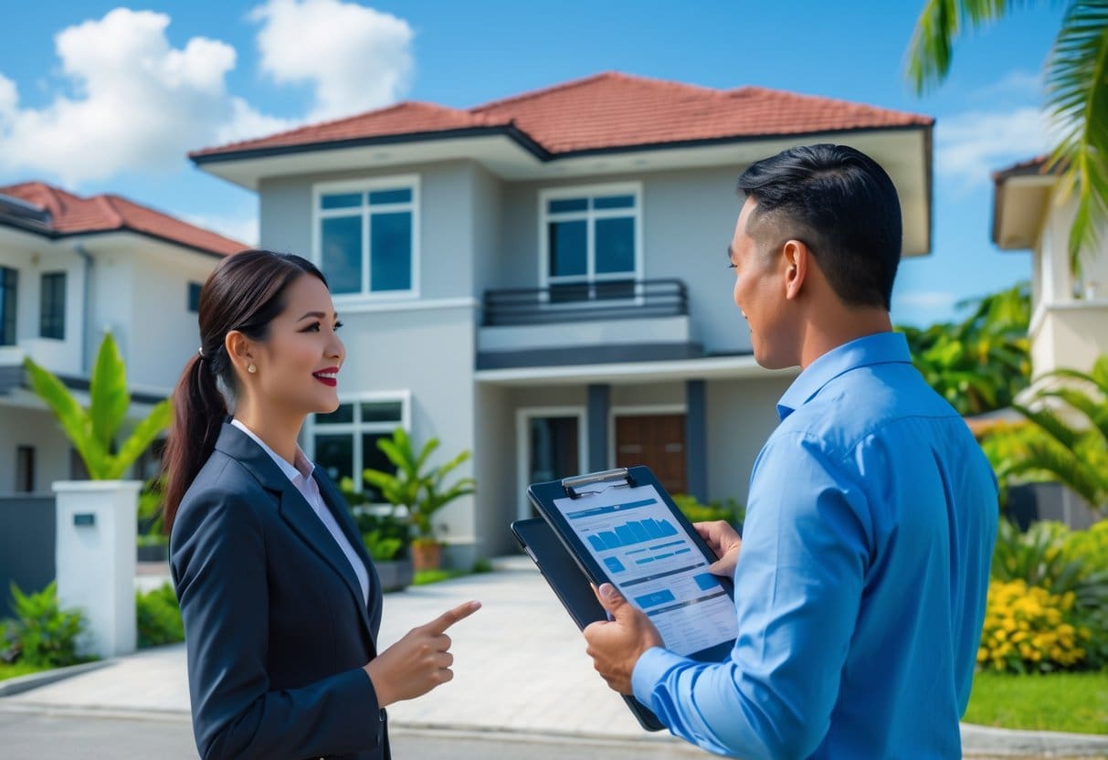 A real estate agent talks with a property seller outside a modern house with tropical plants in a sunny neighborhood.