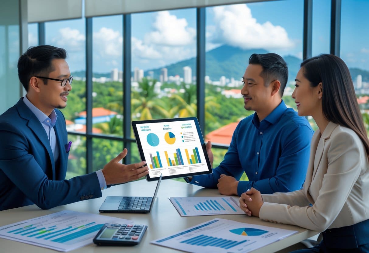 A real estate agent explains property appraisal details to a couple in a bright office overlooking Cebu city.