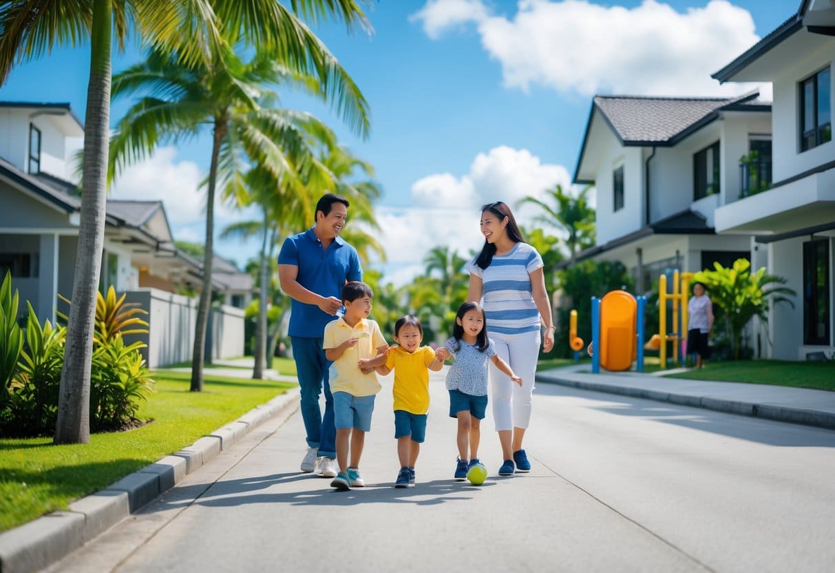 A happy family walking and playing together in a sunny, tree-lined neighborhood with modern houses and greenery.