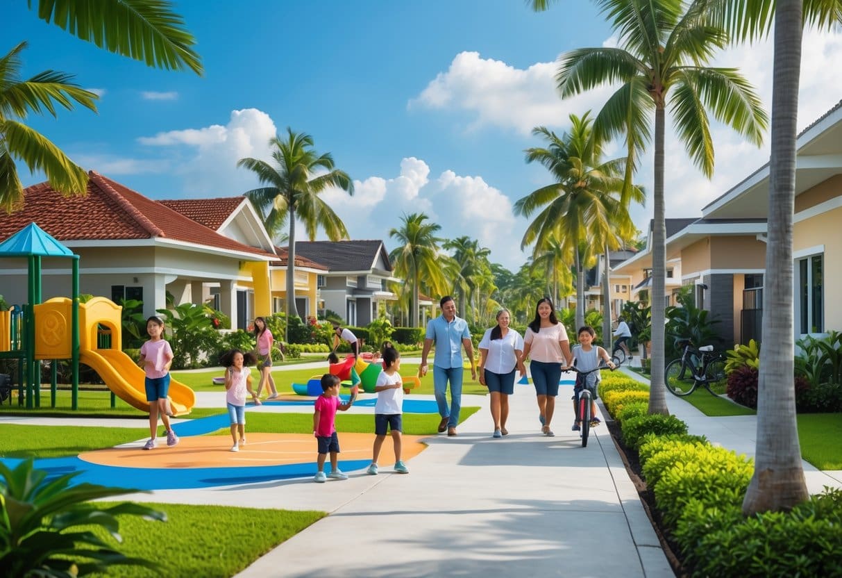A sunny suburban neighborhood in Cebu with families enjoying a park, children playing, and houses surrounded by tropical plants.