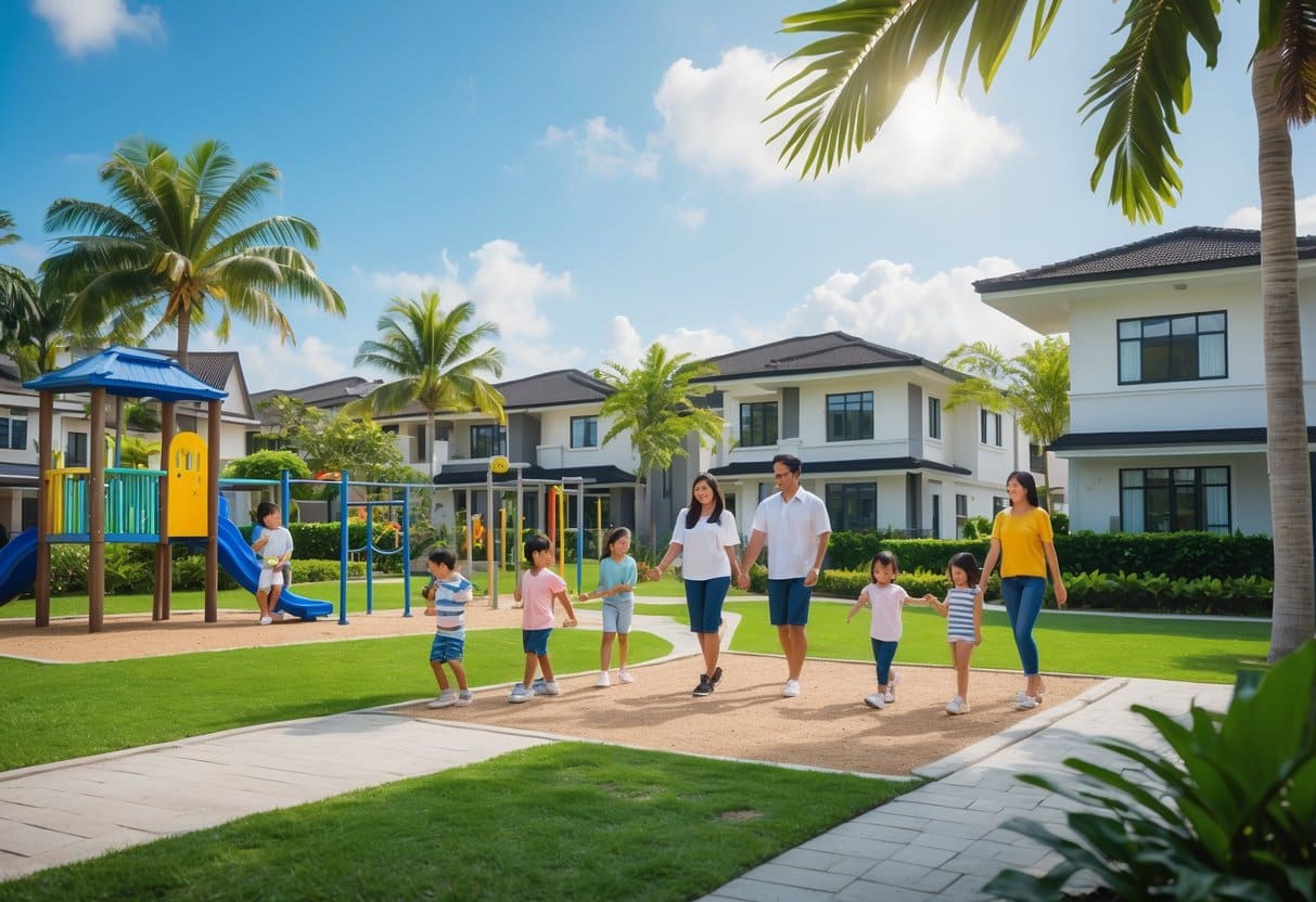 Families enjoying a sunny day in a clean, green neighborhood with children playing in a park and modern houses in the background.