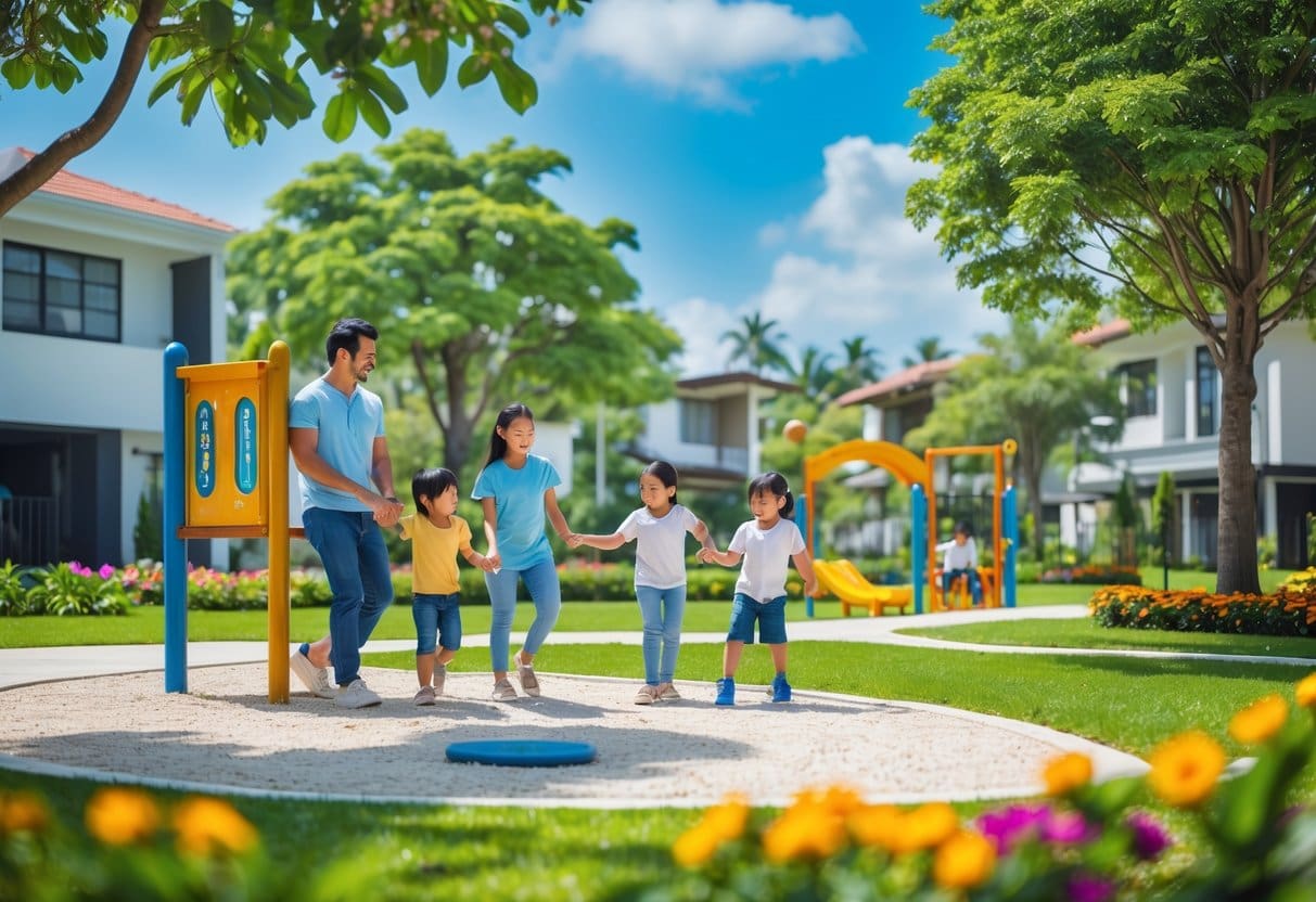 A family of parents and children playing and smiling together in a green park with houses in the background.