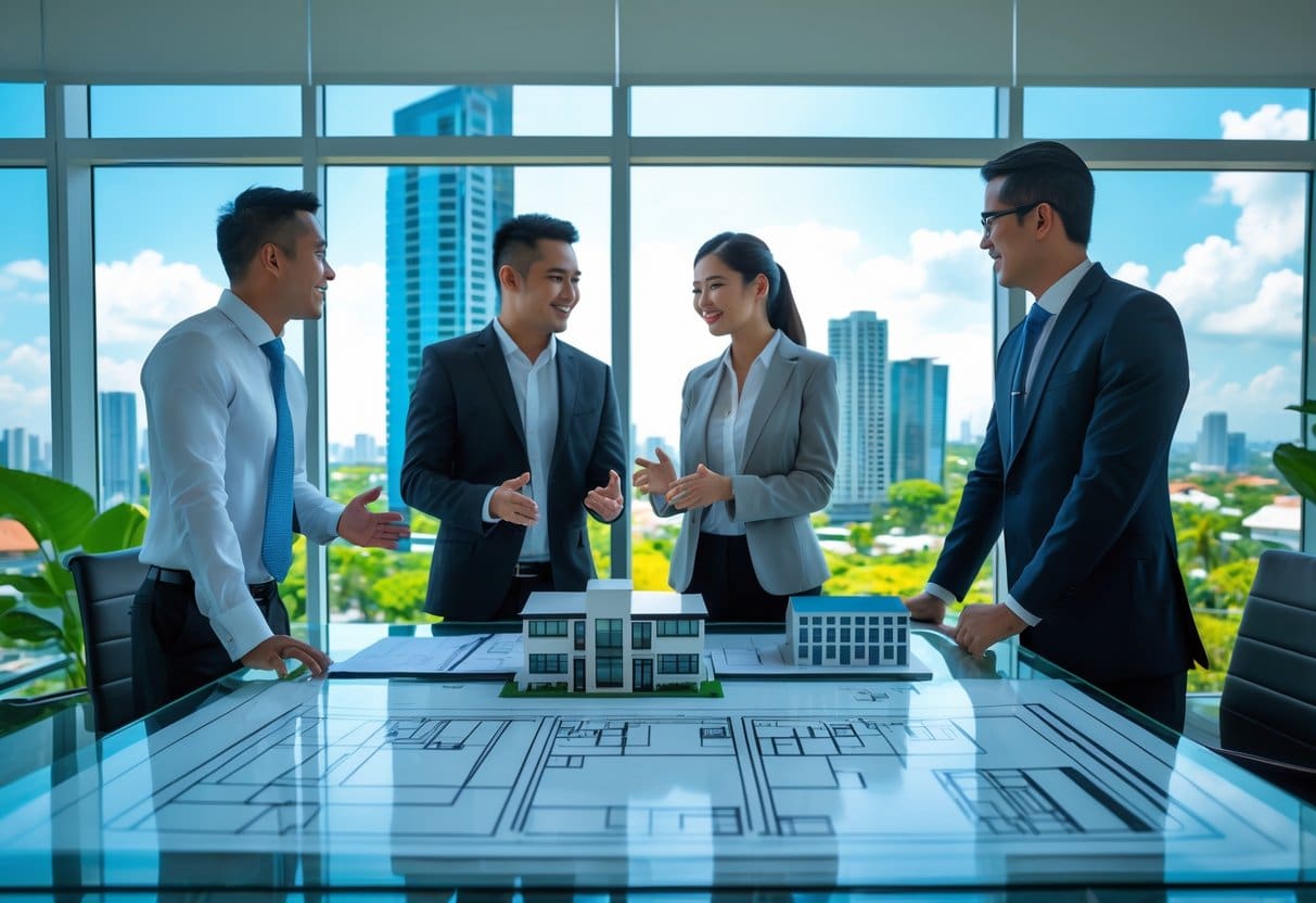 Three business professionals discussing real estate plans around a glass table with a city skyline visible through a large window behind them.