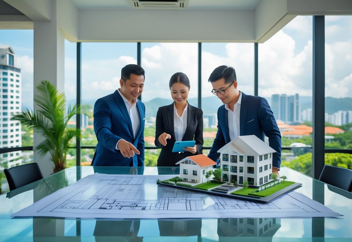 Three business professionals discussing real estate blueprints and a building model in a bright office overlooking Cebu city.