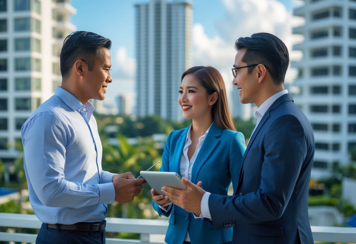 Three business professionals discussing real estate outdoors with a cityscape of Cebu in the background.