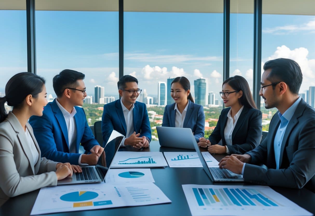 A group of business professionals discussing real estate investment around a table with documents and laptops, with a view of Cebu city skyline in the background.