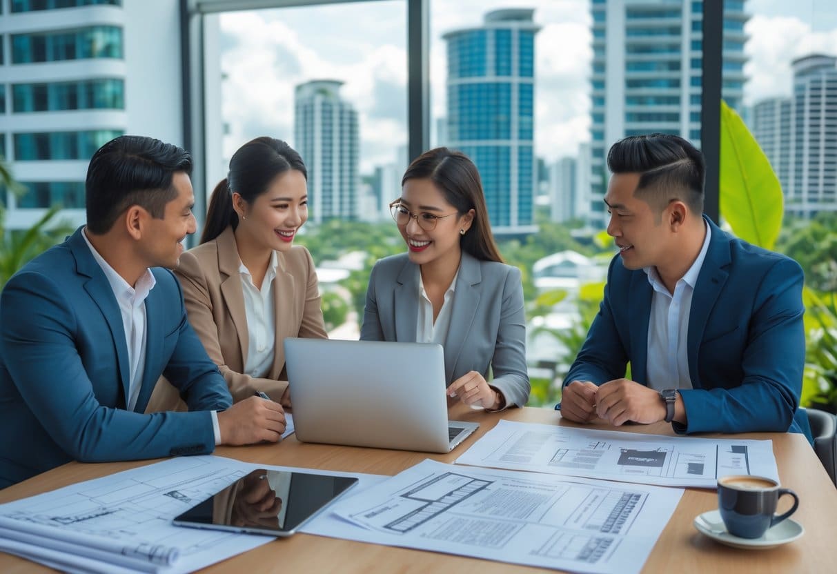 Three business professionals discussing real estate documents in an office with a view of Cebu city skyline.