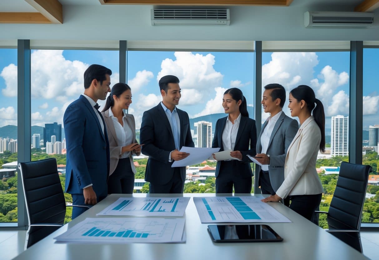 A group of business professionals discussing real estate documents in a modern office with a view of Cebu city skyline.