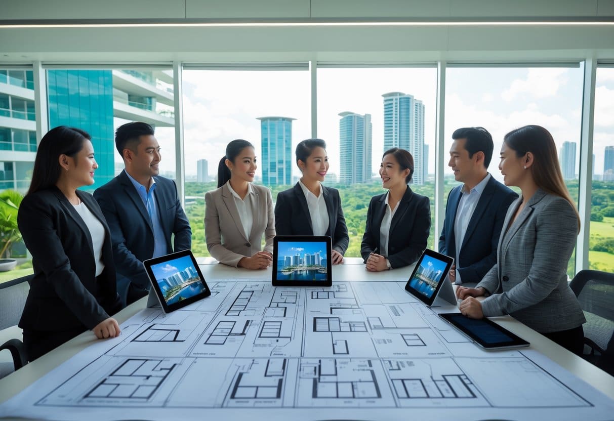 A group of investors discussing real estate plans around a table with blueprints and digital tablets, with a cityscape view of Cebu visible through large windows.