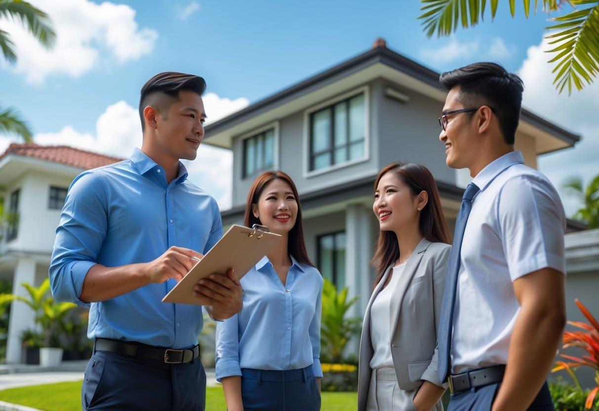 A real estate agent discussing a property appraisal with a couple outside a house in Cebu.