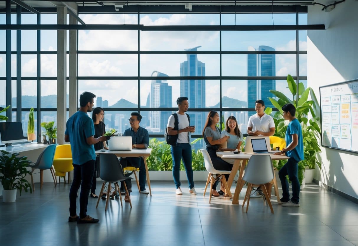 A bright and modern co-working space with people working together and a city view in the background.