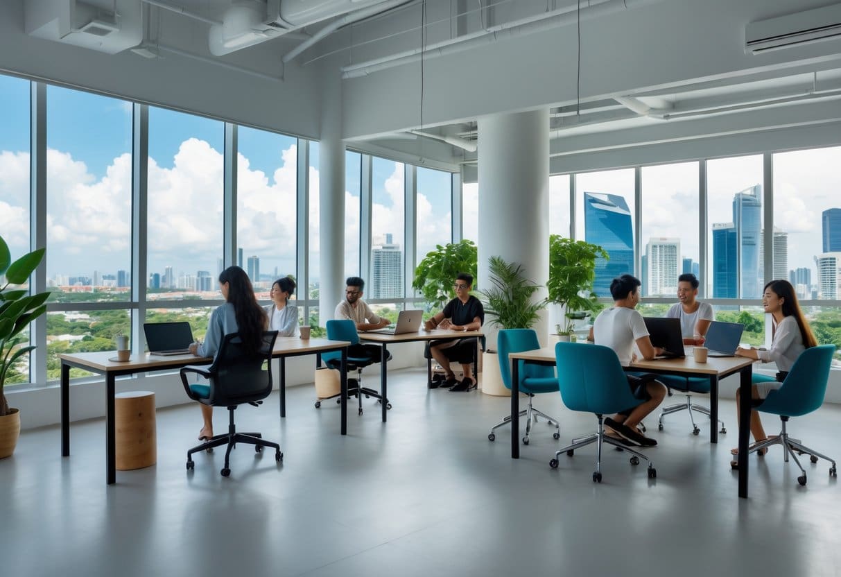 A bright, modern co-working space with people working at desks and a city view through large windows.