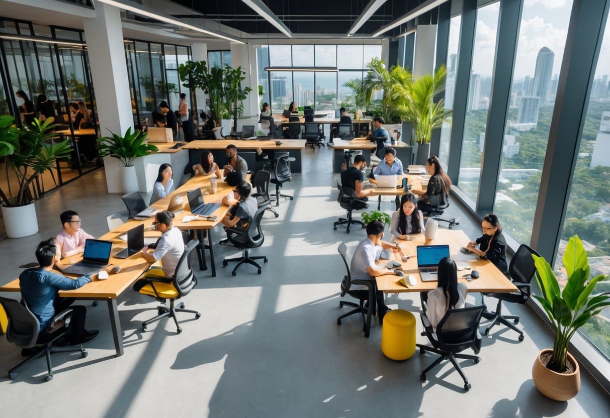 People working together and individually in a bright, modern co-working space with city views and indoor plants.