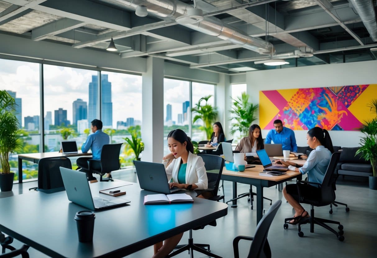People working together in a bright, modern co-working office space with large windows showing a city view.