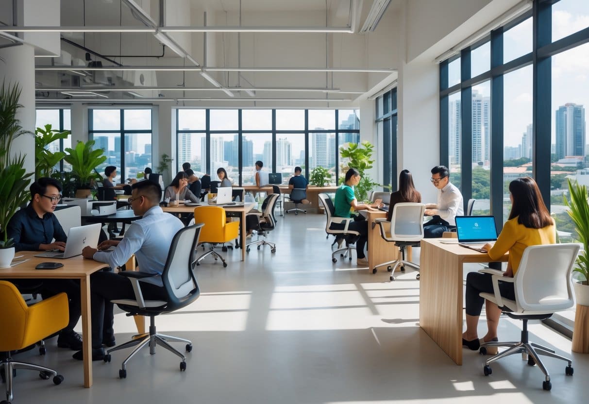 A modern co-working space with people working together at desks near large windows showing a city view.