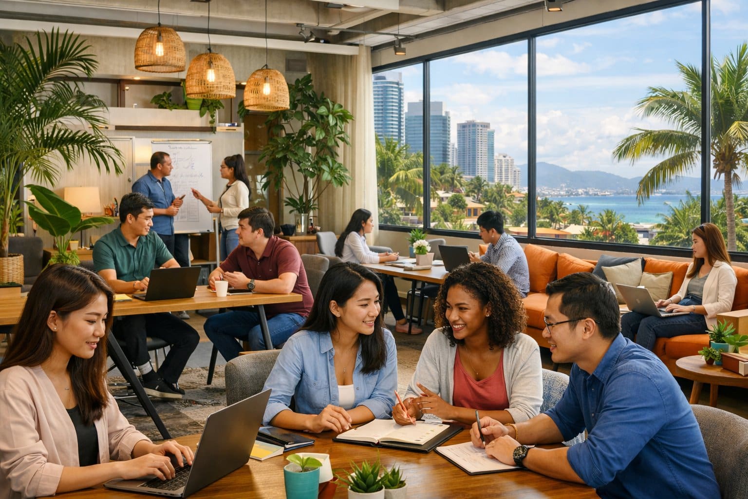 People working and collaborating in a bright, modern co-working space with large windows and tropical plants.
