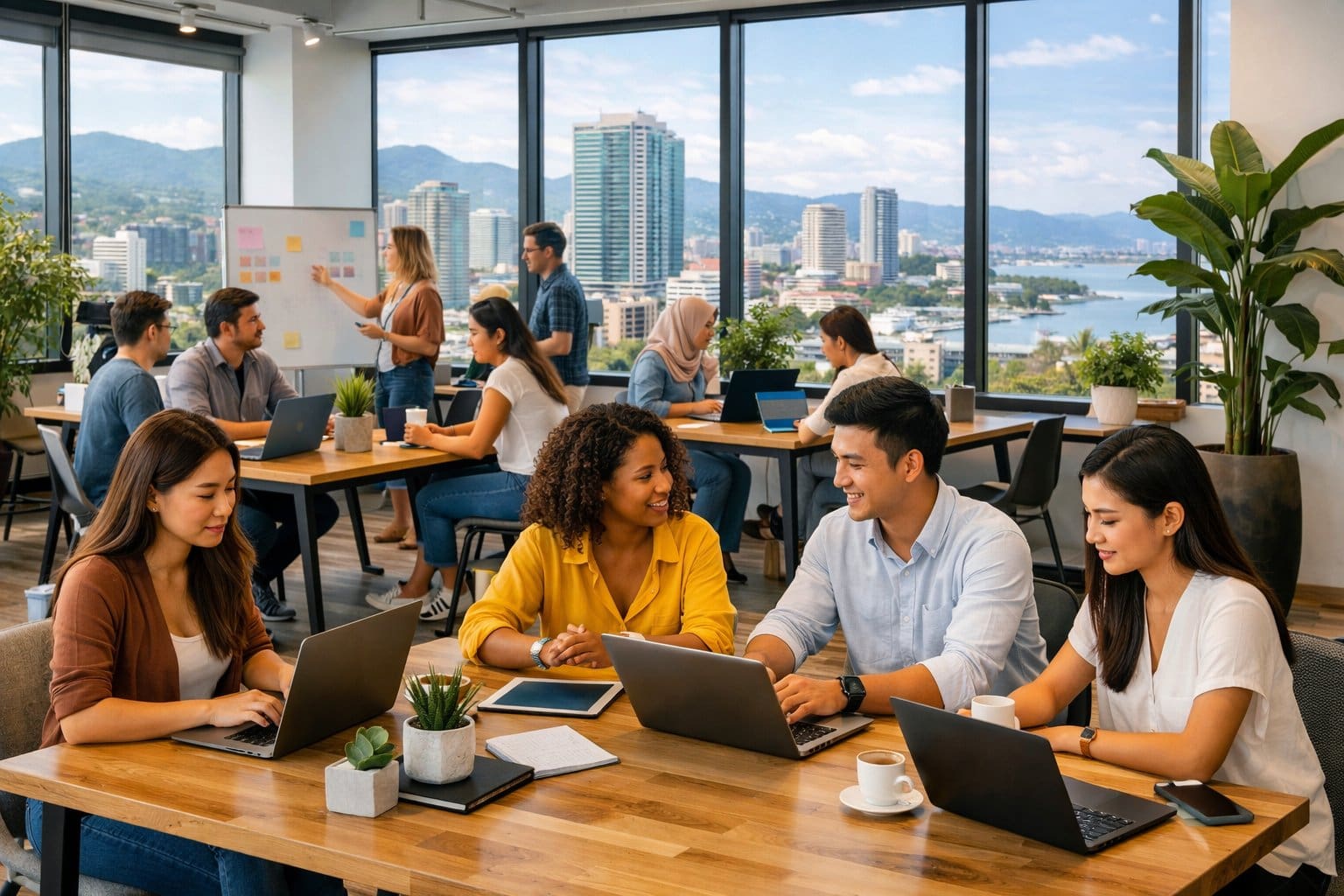 People working and collaborating in a bright, modern co-working space with large windows showing a city skyline outside.